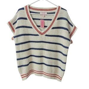 Simply Southern V-Neck Sweater Vest NEW Stripes Women's XXL Red Blue Off-White